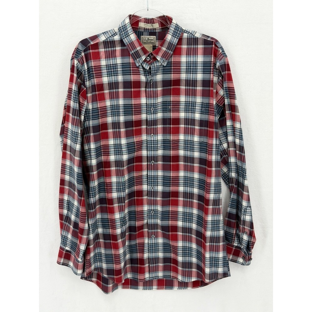 LL Bean Shirt Men Medium Tall Red Plaid Wrinkle Free Traditional Button Up Cabin